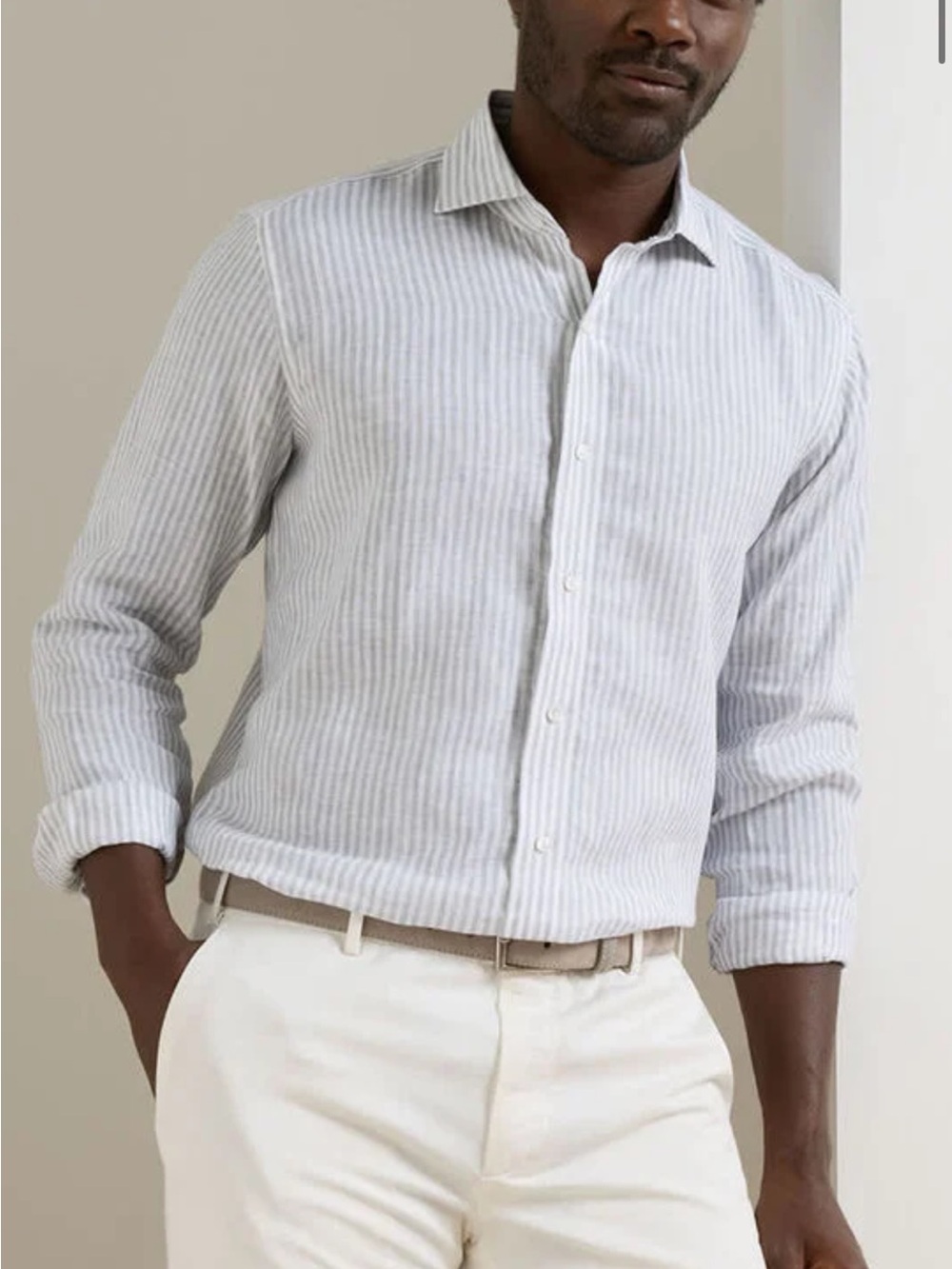 Peter Millar Light Gray and White Striped Cotton Button-Down